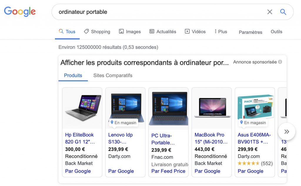 Capture d'écran de la page de résultats du moteur de recherche Google suite à la requête "ordinateur portable", affichant en premier les résultats provenant de son service Google Shopping.