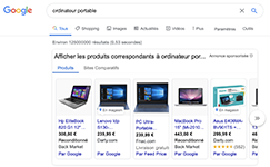 Capture d'écran Google Shopping, montrant des ordinateurs portable.