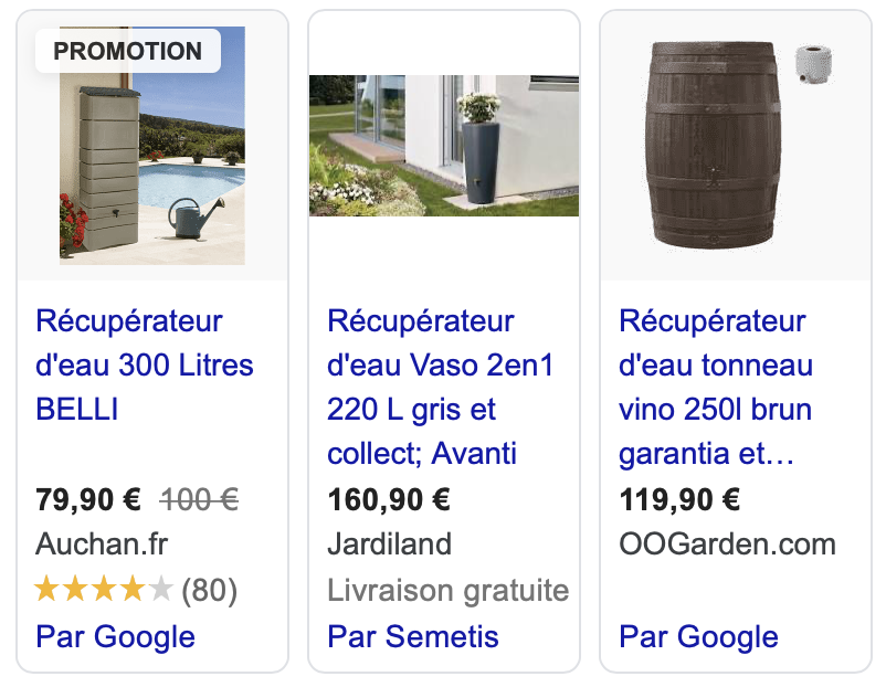 Capture d'écran des résultats de Google Shopping suite à la requête "récupérateur d'eau".