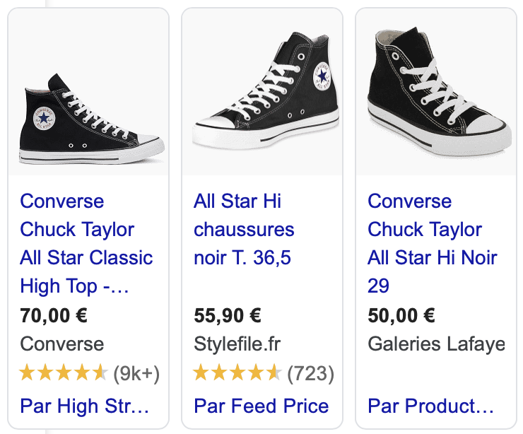 Capture d'écran de résultats provenant de Google Shopping, suite à la requête "converse noire". 