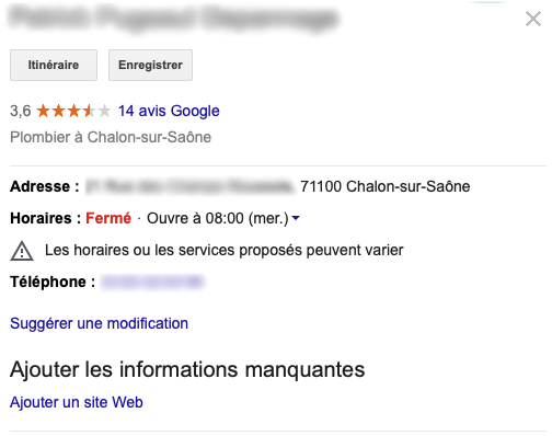 Capture d'écran floutée d'une fiche Google My Business 