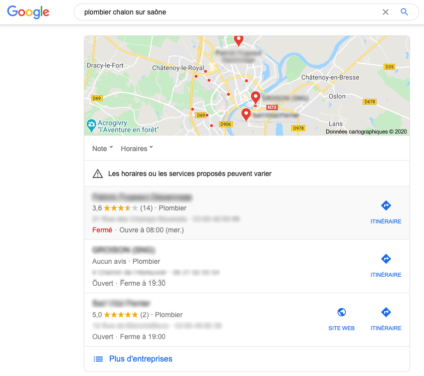 Capture d'écran floutée de Google Maps, suite à la requête "plombier chalon sur saône".