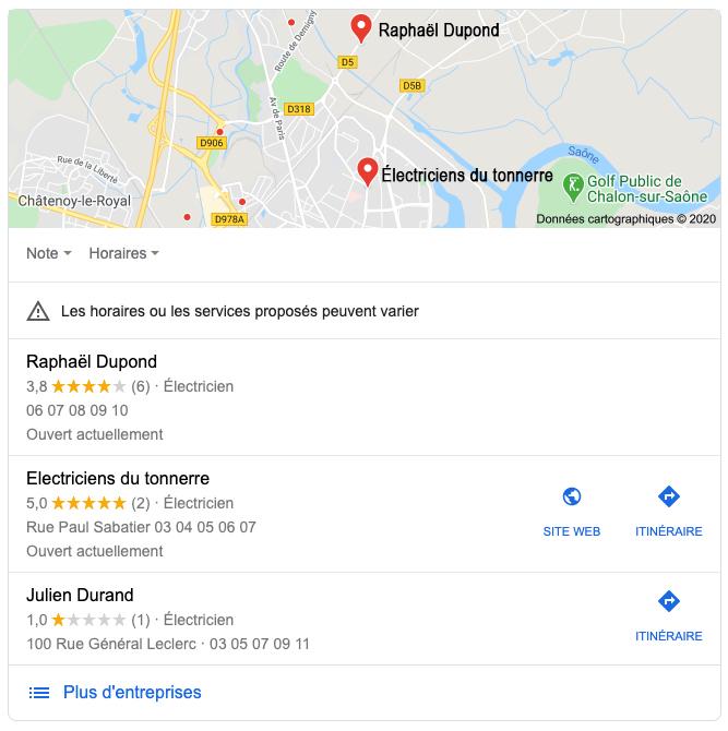 Copie d'écran fictive d'un bloc Google Maps, affichant trois encarts d'électriciens, situés à Chalon-sur-Saône.