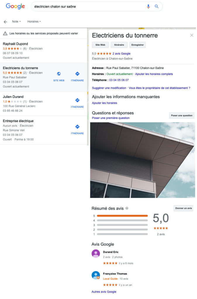 Copie d'écran fictive d'une fiche Google My Business, mettant en avant l'entreprise d'un électricien situé à Chalon sur Saône.