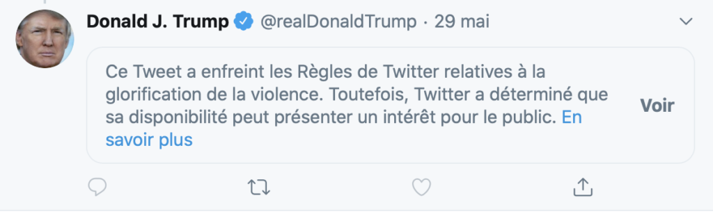 Copie d'écran d'un tweet de Donald Trump, modéré par Twitter.