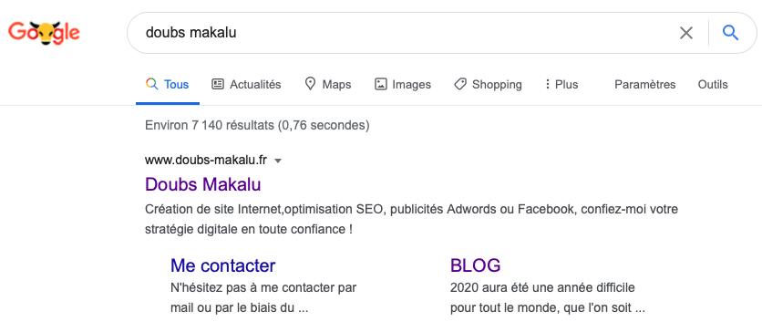 Capture d'écran de la page de résultats du moteur de recherche Google, après avoir tapé la requête "Doubs Makalu" 