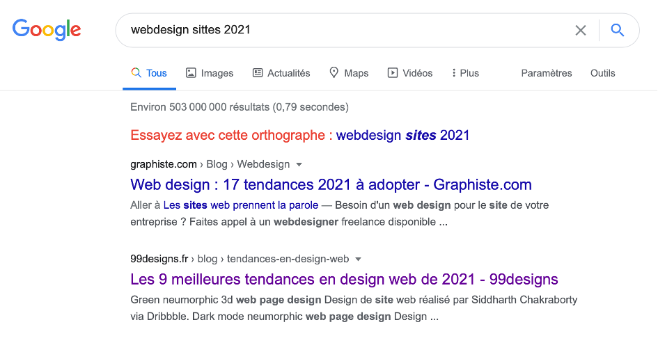 Capture d’écran d’une requête mal orthographiée tapée dans le moteur de recherche Google.