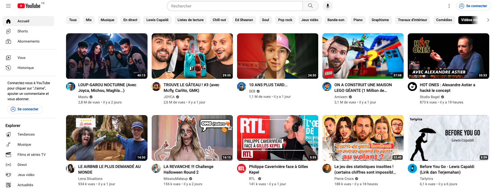 Page d'accueil du réseau social YouTube. 